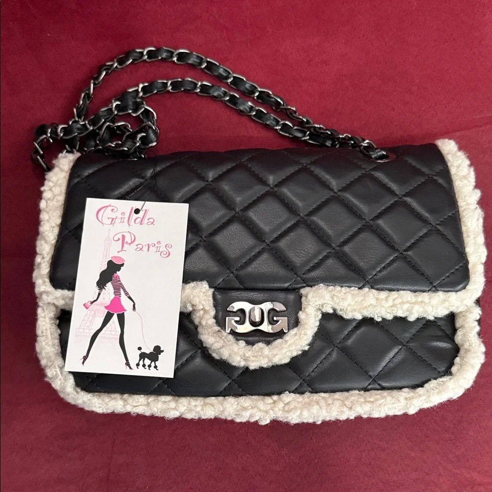 Black Quilted Shoulder Bag with Cream Trim - Picture 6 of 6